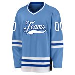 Custom light blue, white and royal hockey jersey, back view