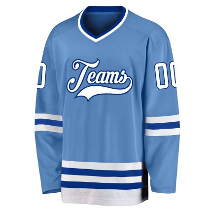 Custom light blue, white and royal hockey jersey, back view