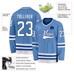 Custom light blue, white and royal hockey jersey, side view