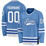 Custom light blue, white and royal hockey jersey