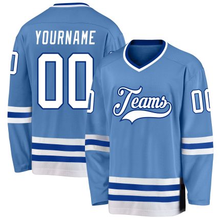 Custom light blue, white and royal hockey jersey
