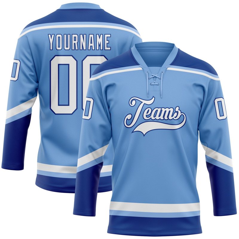 Custom Name Number Light Blue Royal Hockey Lace Neck Jersey - Personalized Team Apparel Personalized Light Blue White-Royal