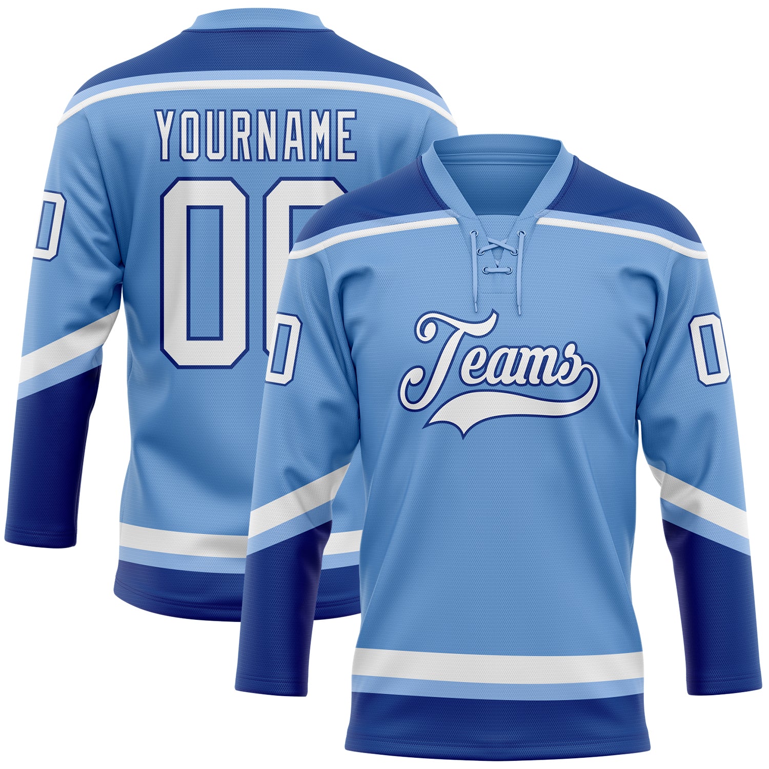 Custom Name Number Light Blue Royal Hockey Lace Neck Jersey - Personalized Team Apparel Personalized Light Blue White-Royal