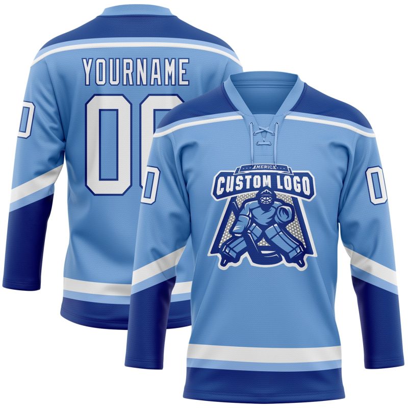 Custom Name Number Light Blue Royal Hockey Lace Neck Jersey - Personalized Team Apparel Personalized Light Blue White-Royal