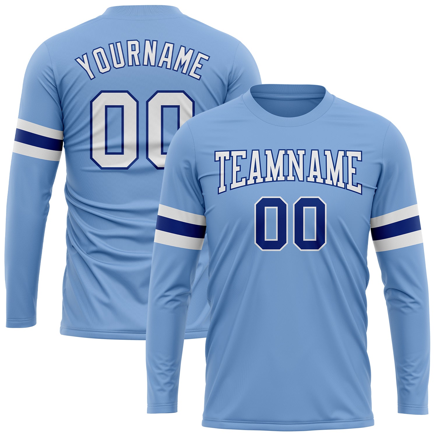 Custom Team Long Sleeve Performance T-Shirt with Name and Number - Light Blue White-Royal Personalized Light Blue White-Royal