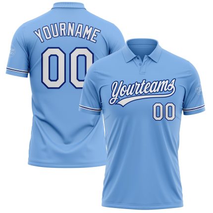 Custom Name and Number Light Blue White-Royal Golf Polo Shirt - Performance Vapor Team Apparel Personalized Light Blue White-Royal