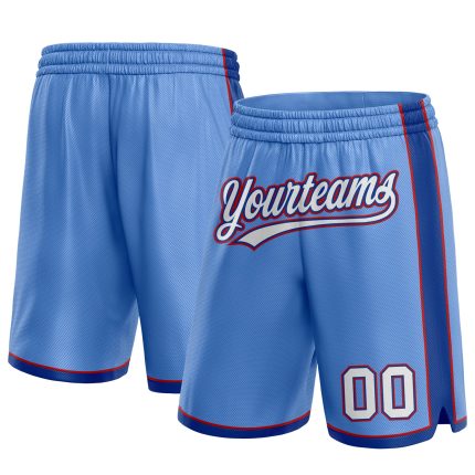 Custom Name and Number Authentic Basketball Shorts - Light Blue with White and Royal Red Personalized Light Blue White Royal-Red