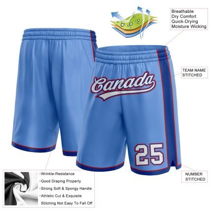 Custom Name and Number Authentic Basketball Shorts - Light Blue with White and Royal Red Personalized Light Blue White Royal-Red