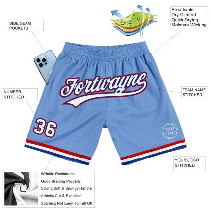 Light Blue Custom Basketball Shorts with Name and Number - Authentic Throwback Design in Royal Red and White Personalized