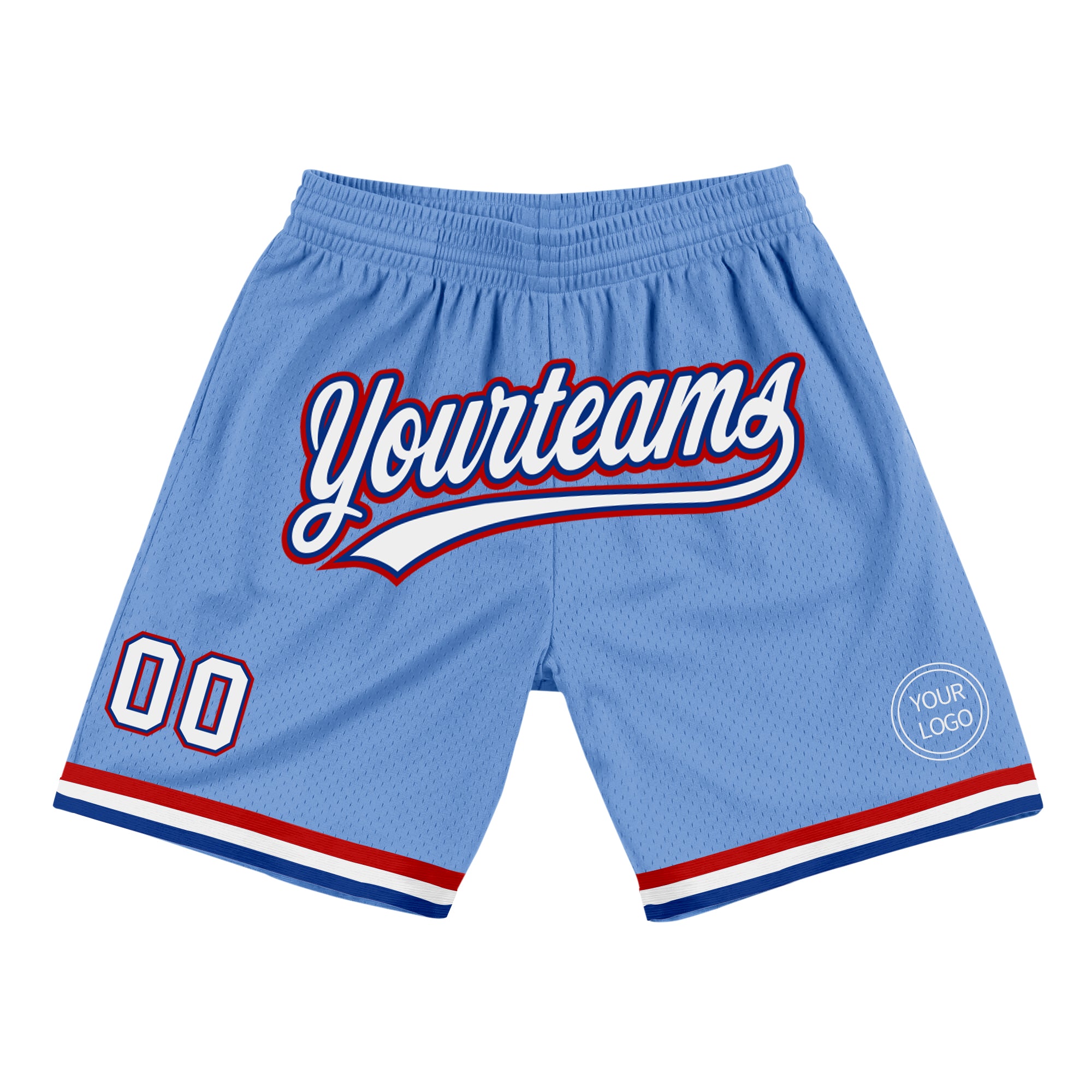 Light Blue Custom Basketball Shorts with Name and Number - Authentic Throwback Design in Royal Red and White Personalized
