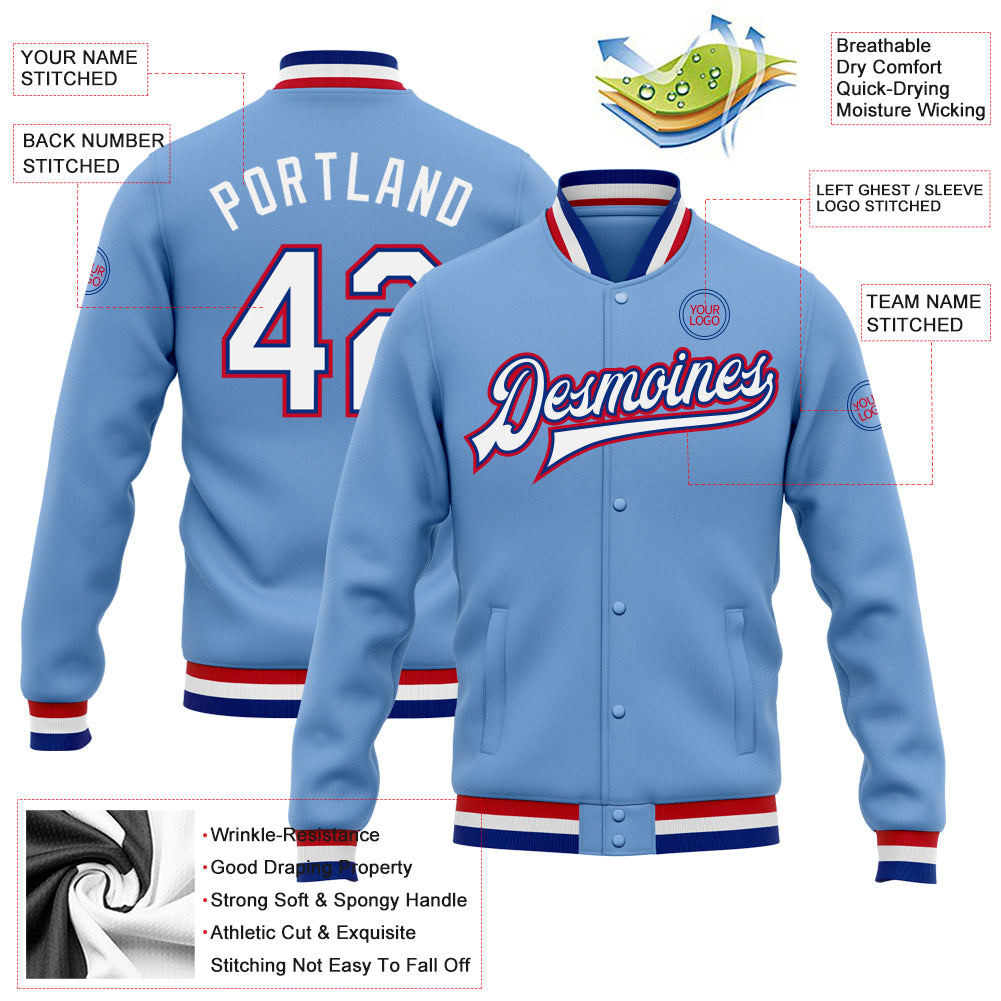 Personalized Light Blue White Royal-Red Bomber Full-Snap Varsity Letterman Jacket Team Custom Name and Number Custom Team Bomber Jacket with Name and Number - Light Blue White Royal-Red Full-Snap Varsity Letterman Jacket Personalized - Image 3
