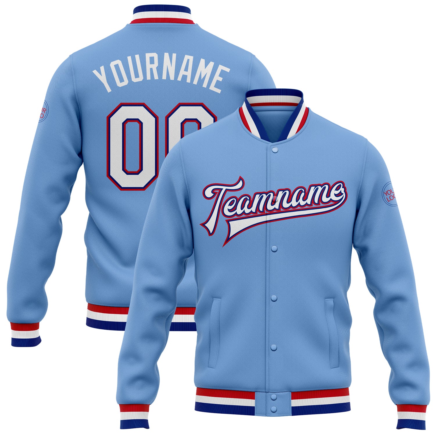 Custom Team Bomber Jacket with Name and Number - Light Blue White Royal-Red Full-Snap Varsity Letterman Jacket Personalized