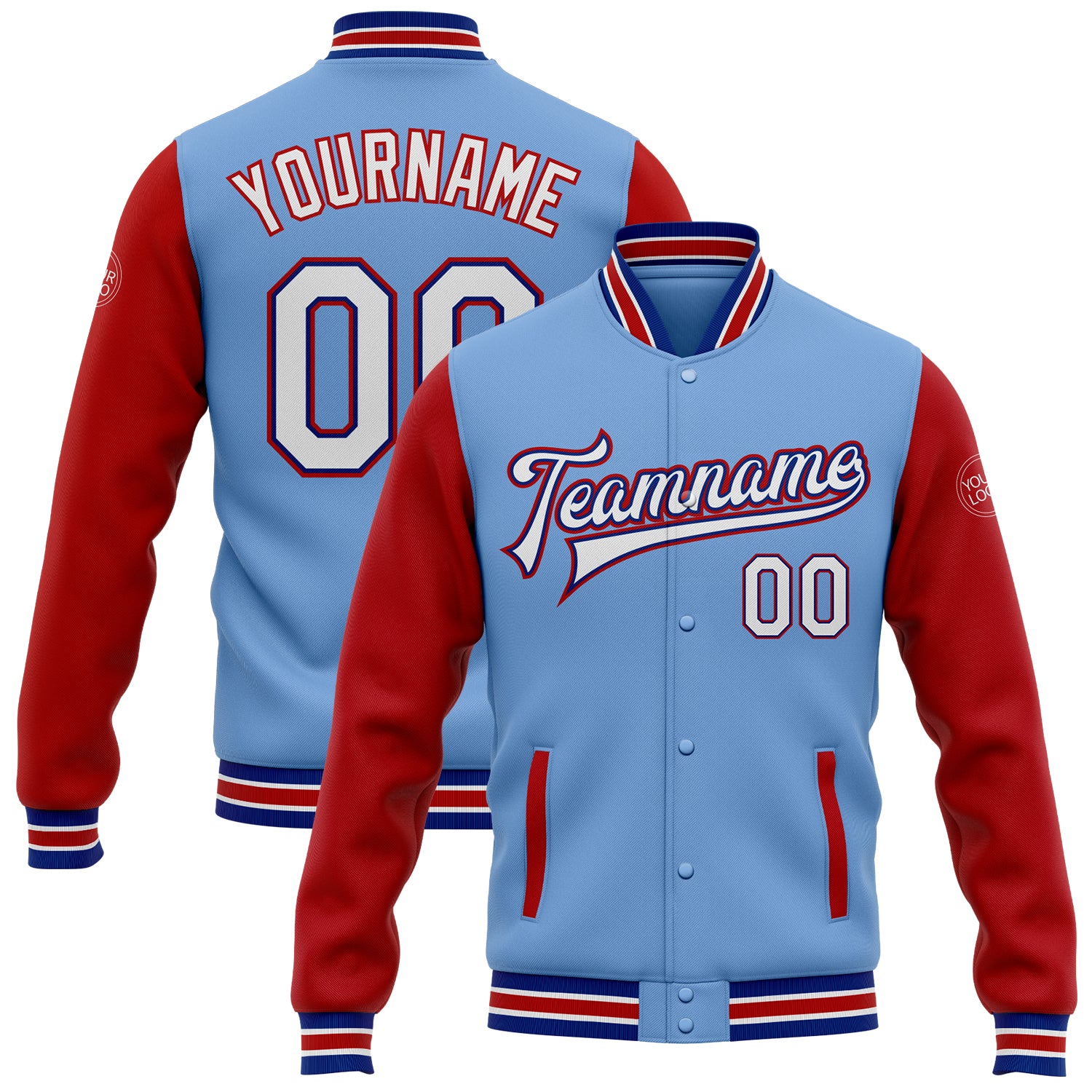 Custom Name Number Two Tone Varsity Letterman Jacket Light Blue White Royal Red Bomber Full-Snap Personalized Light Blue