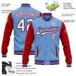 Custom Name Number Two Tone Varsity Letterman Jacket Light Blue White Royal Red Bomber Full-Snap Personalized Light Blue