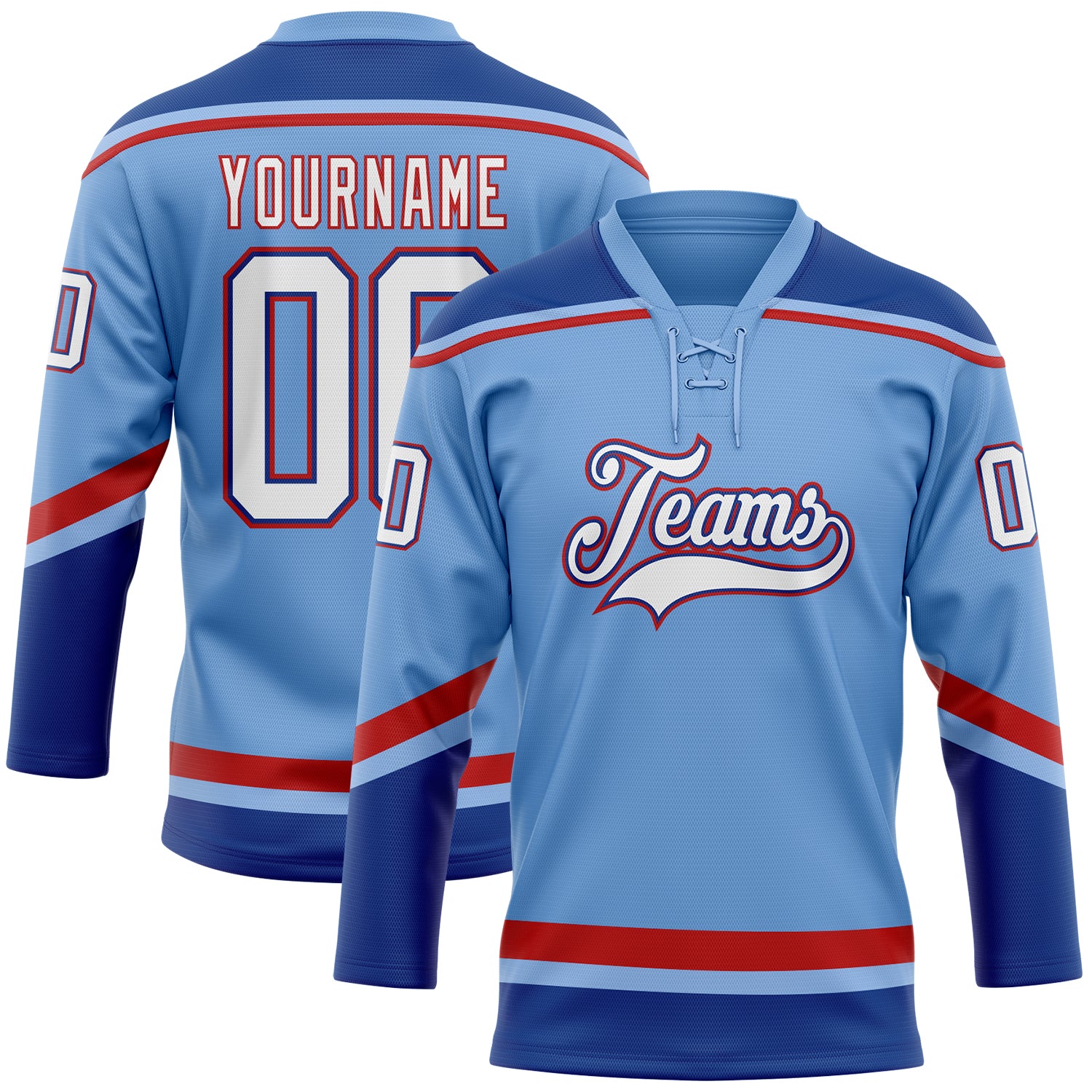 Custom Name Number Hockey Jersey Light Blue White Royal Red Lace Neck - Personalized Team Apparel Personalized Light Blue