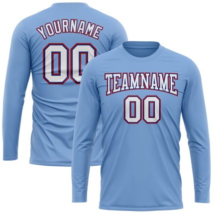 Custom Team Performance T-Shirt with Name and Number - Light Blue White Royal-Red Long Sleeve Personalized Light Blue White