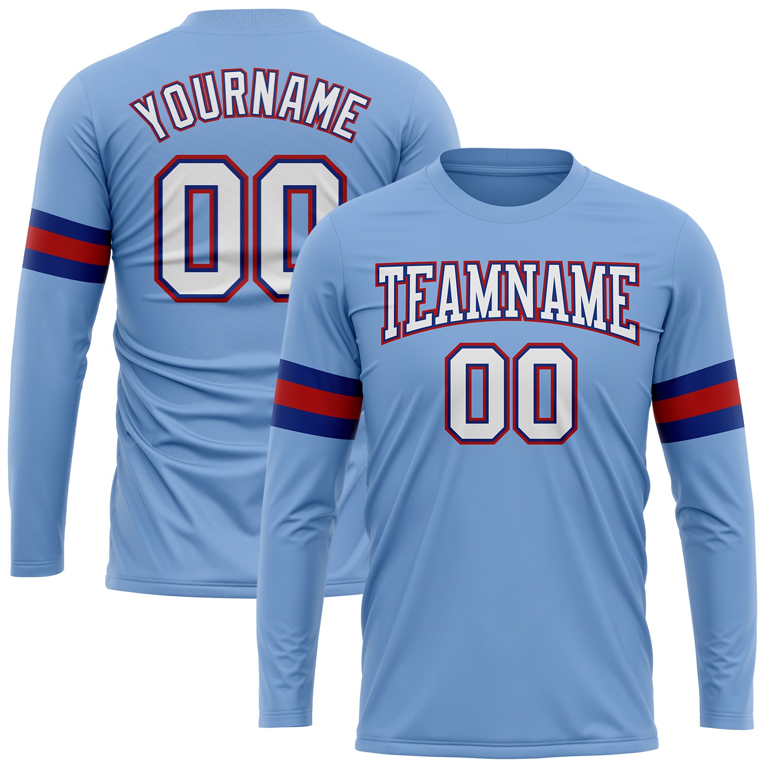 Custom Team Performance T-Shirt with Name and Number - Light Blue White Royal-Red Long Sleeve Personalized Light Blue White