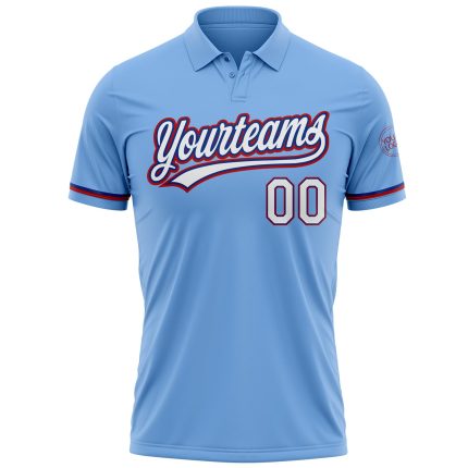 Custom Performance Vapor Golf Polo Shirt with Personalized Name and Number in Light Blue, White, and Royal Red Personalized