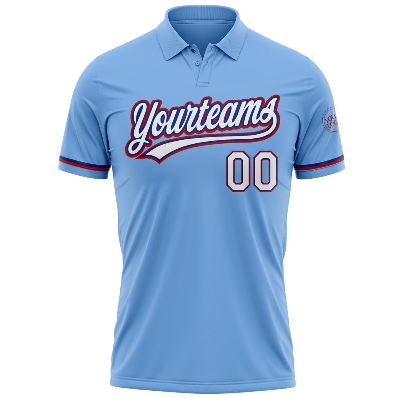Custom Performance Vapor Golf Polo Shirt with Personalized Name and Number in Light Blue, White, and Royal Red Personalized