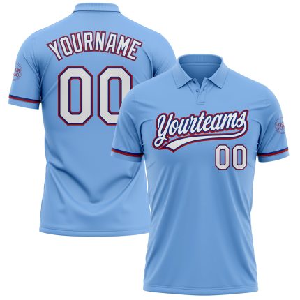 Custom Performance Vapor Golf Polo Shirt with Personalized Name and Number in Light Blue, White, and Royal Red Personalized