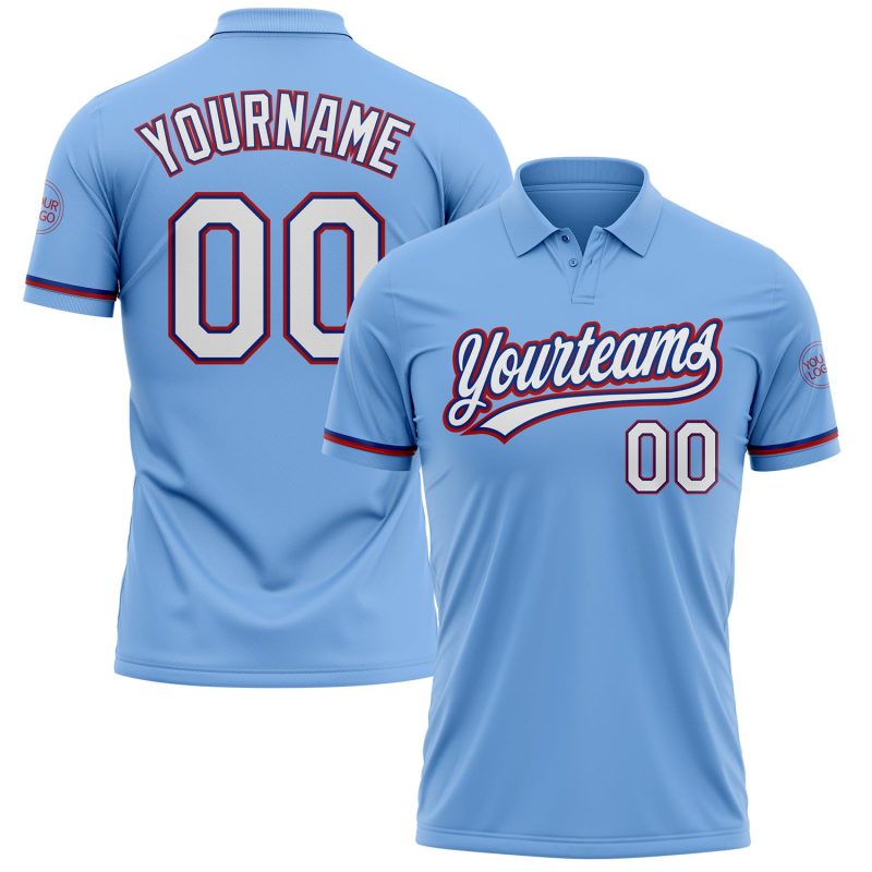 Custom Performance Vapor Golf Polo Shirt with Personalized Name and Number in Light Blue, White, and Royal Red Personalized