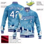 Light Blue White-Royal Watercolor Winter Landscape Bomber Jacket with Snowy Trees 3D Pattern, Full-Snap Varsity Letterman