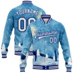 Light Blue White-Royal Watercolor Winter Landscape Bomber Jacket with Snowy Trees 3D Pattern, Full-Snap Varsity Letterman