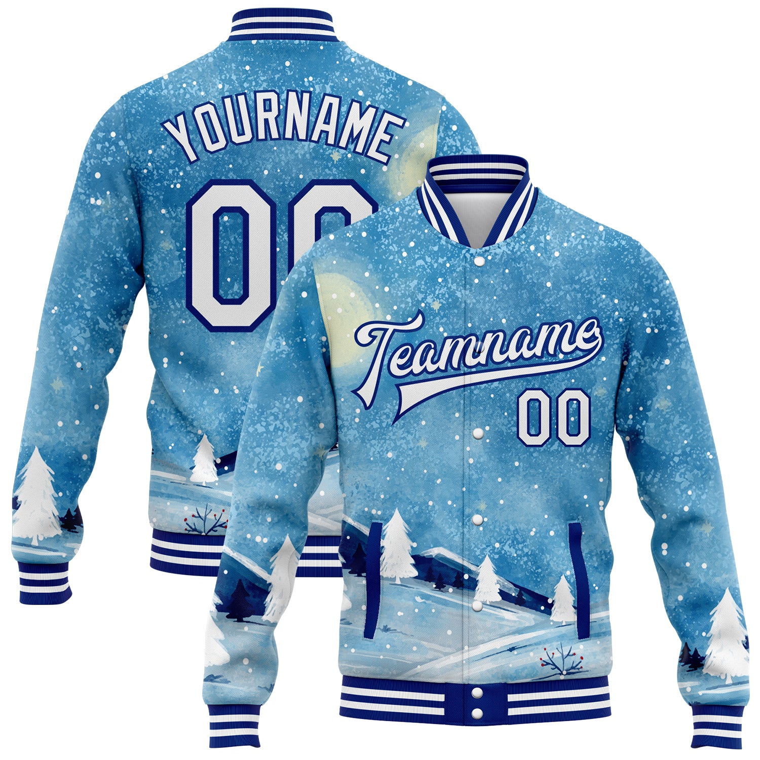 Light Blue White-Royal Watercolor Winter Landscape Bomber Jacket with Snowy Trees 3D Pattern, Full-Snap Varsity Letterman