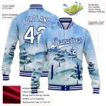Custom Name & Number Light Blue White-Royal Winter Landscape 3D Pattern Bomber Varsity Letterman Jacket with Snowy Trees