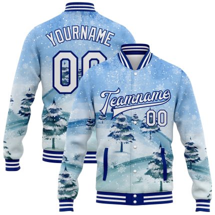 Custom Name & Number Light Blue White-Royal Winter Landscape 3D Pattern Bomber Varsity Letterman Jacket with Snowy Trees