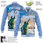 Personalized 3D Statue of Liberty Light Blue Varsity Letterman Jacket with Custom Name and Number - Full-Snap Bomber Edition