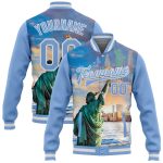 Personalized 3D Statue of Liberty Light Blue Varsity Letterman Jacket with Custom Name and Number - Full-Snap Bomber Edition