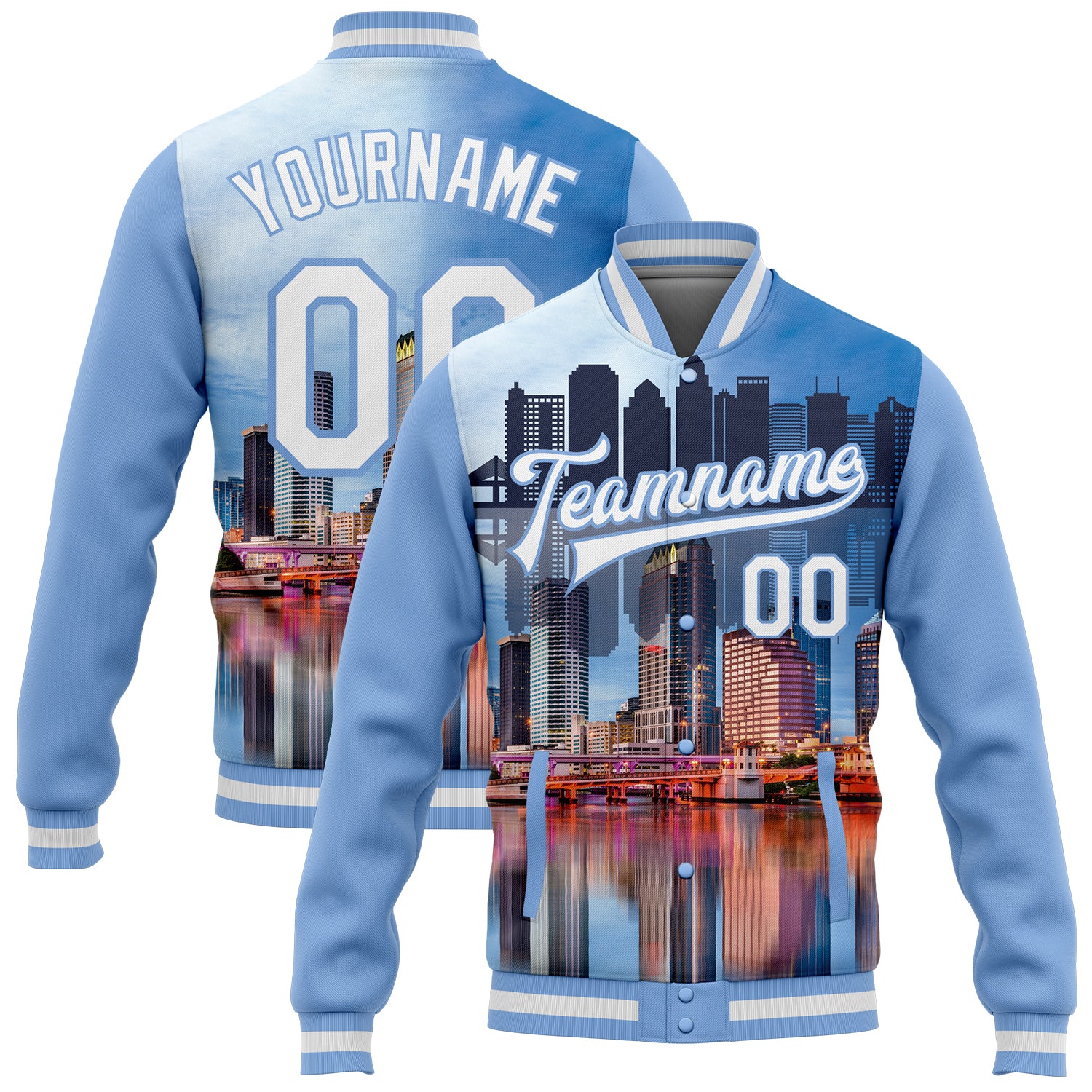 Custom Tampa Florida Varsity Letterman Jacket - Personalized Light Blue 3D Bomber with Custom Name & Number Personalized