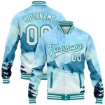 Custom Name and Number Bomber Jacket Winter Landscape 3D Pattern Light Blue White-Teal Snowy Trees Varsity Full-Snap Design