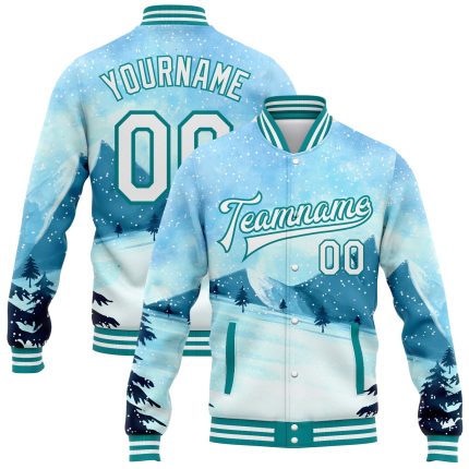Custom Name and Number Bomber Jacket Winter Landscape 3D Pattern Light Blue White-Teal Snowy Trees Varsity Full-Snap Design