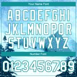 Custom Name and Number Bomber Jacket Winter Landscape 3D Pattern Light Blue White-Teal Snowy Trees Varsity Full-Snap Design