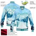 Custom Name and Number Bomber Jacket Winter Landscape 3D Pattern Light Blue White-Teal Snowy Trees Varsity Full-Snap Design