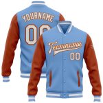 Custom Name and Number Light Blue and Texas Orange Varsity Letterman Bomber Jacket - Two Tone Full-Snap Team Jacket Personalized