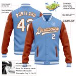 Custom Name and Number Light Blue and Texas Orange Varsity Letterman Bomber Jacket - Two Tone Full-Snap Team Jacket Personalized