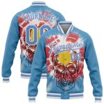 Custom Team Name Number 3D Bomber Varsity Letterman Jacket Light Blue White Tie Dye Skull Fashion Personalized Light Blue