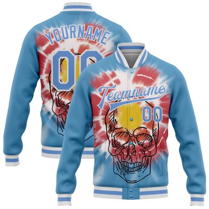 Custom Team Name Number 3D Bomber Varsity Letterman Jacket Light Blue White Tie Dye Skull Fashion Personalized Light Blue