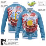 Custom Team Name Number 3D Bomber Varsity Letterman Jacket Light Blue White Tie Dye Skull Fashion Personalized Light Blue