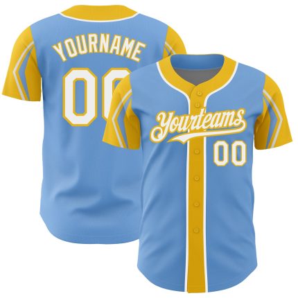 Custom Baseball Jersey with Personalized Name and Number in Light Blue White Yellow, Authentic Team Design, 3 Colors Available