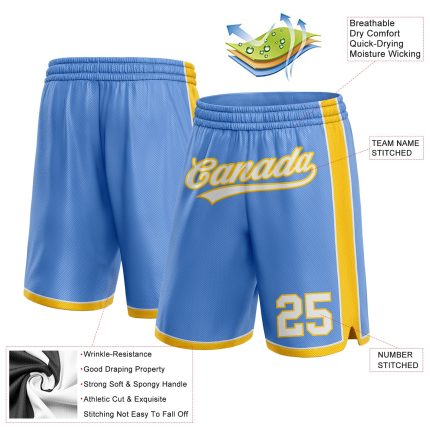 Custom Team Basketball Shorts with Personalized Name & Number - Light Blue White-Yellow Authentic Design Personalized Light