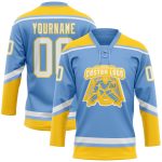 Personalized Light Blue White Yellow Hockey Jersey Custom Name Number Lace Neck Personalized Light Blue White-Yellow Hockey