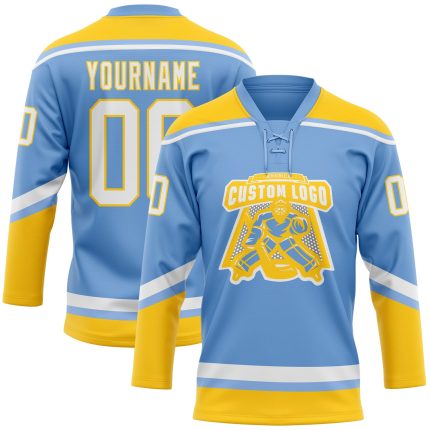 Personalized Light Blue White Yellow Hockey Jersey Custom Name Number Lace Neck Personalized Light Blue White-Yellow Hockey