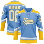 Personalized Light Blue White Yellow Hockey Jersey Custom Name Number Lace Neck Personalized Light Blue White-Yellow Hockey