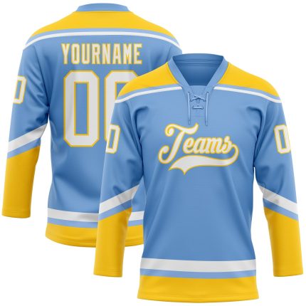 Personalized Light Blue White Yellow Hockey Jersey Custom Name Number Lace Neck Personalized Light Blue White-Yellow Hockey