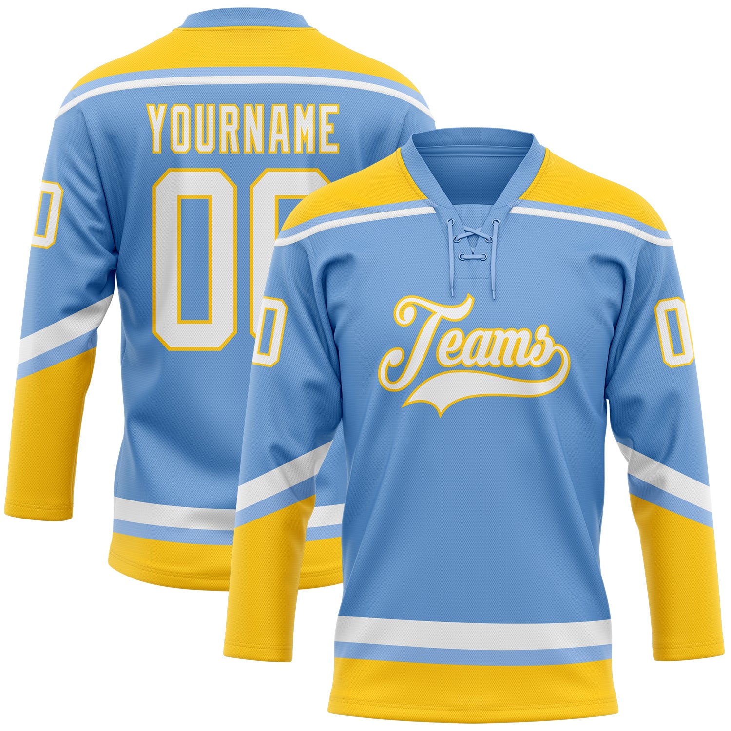 Personalized Light Blue White Yellow Hockey Jersey Custom Name Number Lace Neck Personalized Light Blue White-Yellow Hockey