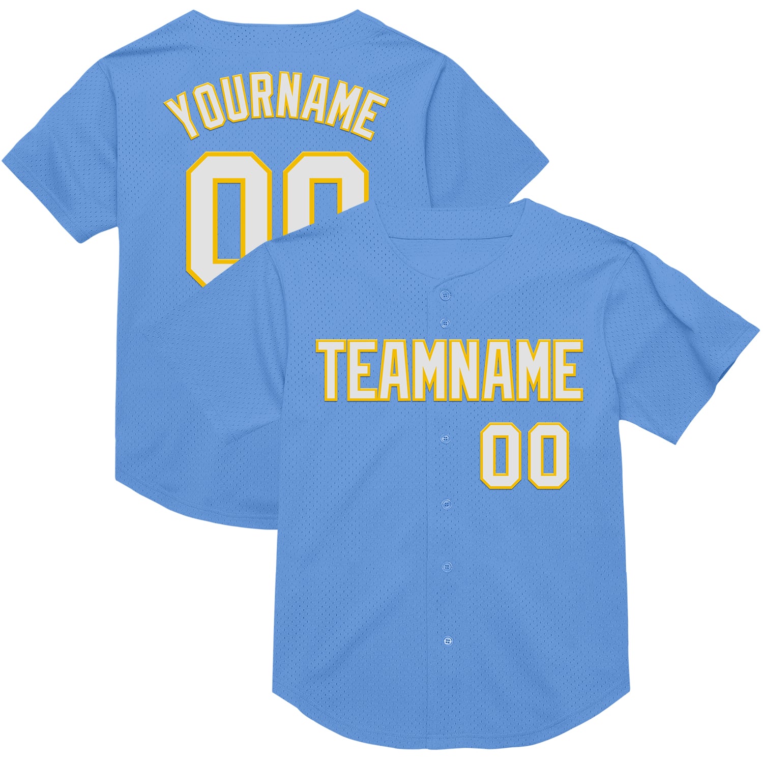 Personalized Light Blue Yellow White Mesh Baseball Jersey - Authentic Throwback Design Personalized Light Blue White-Yellow